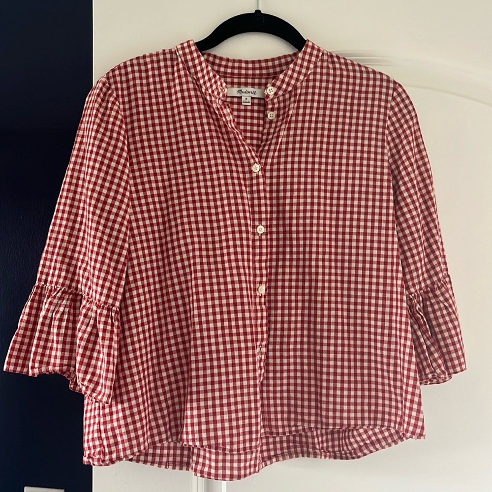 Madewell M red gingham top with ruffle sleeves